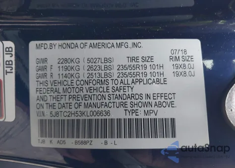 2019 Acura Rdx Technology Package z USA, uszkodzony, nr VIN 5J8TC2H53KL006636